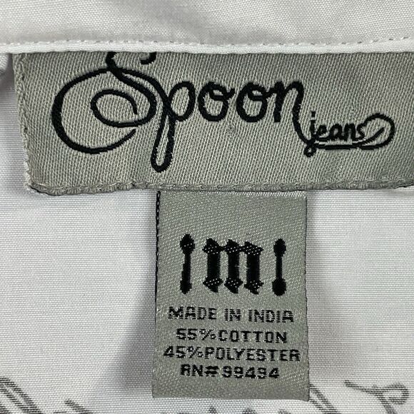 Spoon Jeans Long Sleeve Button Up Shirt Dress Women's Med White Black Script - Picture 7 of 16